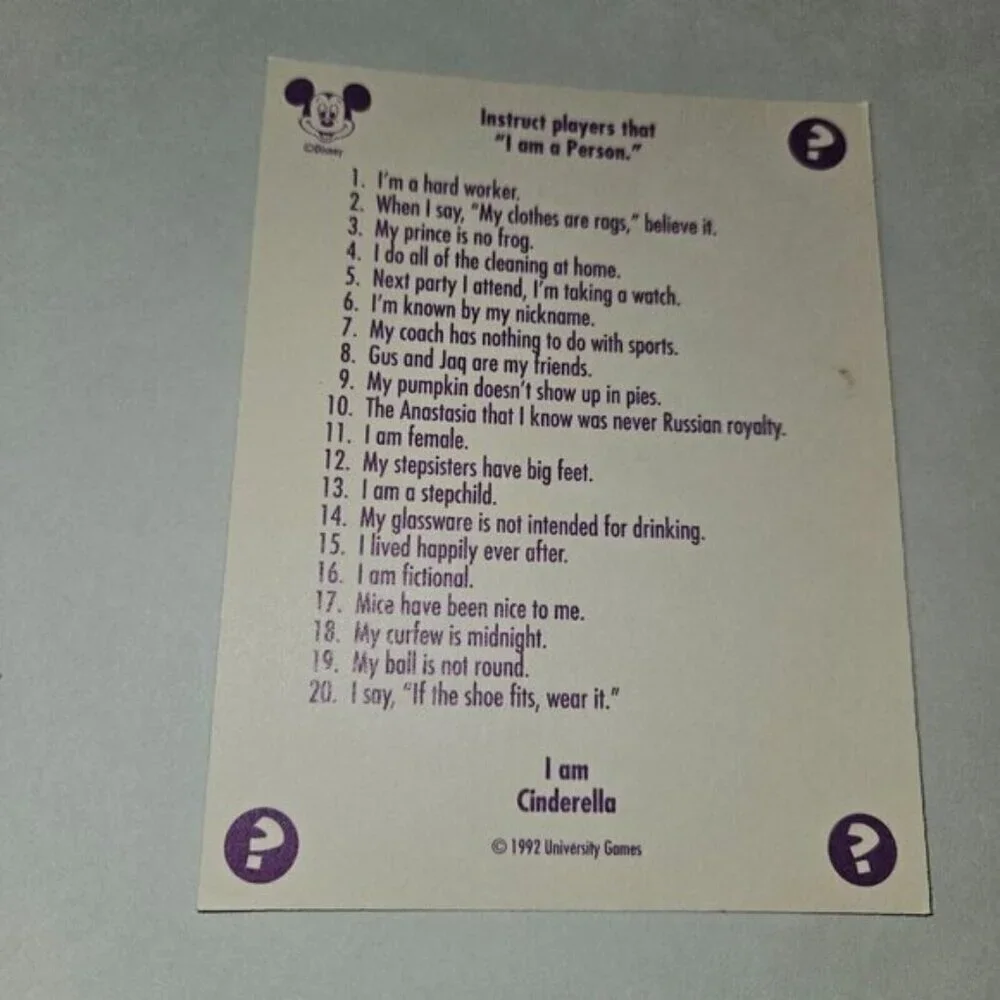 VTG Disney's 20 Questions Guessing Game Cards Characters People Place Thing 1992